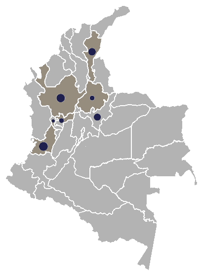 Mapa de Colombia que señala los departamentos donde opera Servicios Arcom